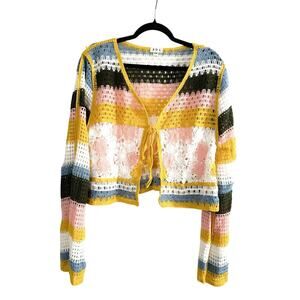 POL Striped Crochet Knit Open Tie-Front Relaxed Bell Sleeve Cardigan Sweater